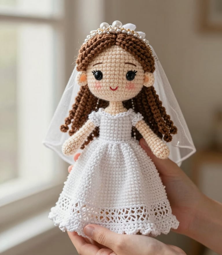 Close-up of a custom crochet wedding portrait doll held gently in hands, soft natural window lighting, rich beige and oatmeal background, 35mm