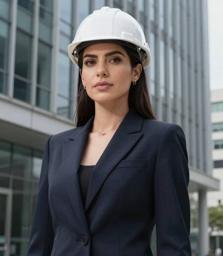 Medium-close portrait of a female civil engineer, Camila, in a sophisticated dark navy blazer, looking confident, with a clean architectural background of modern glass structures under bright daylight.