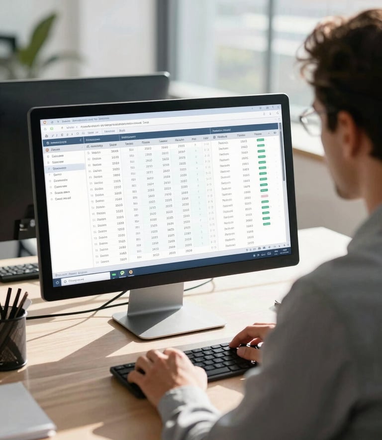 Over-the-shoulder view of a financial analyst working on a clean digital tax dashboard, sunlit modern office in Brazil, bright natural daylight, professional environment.