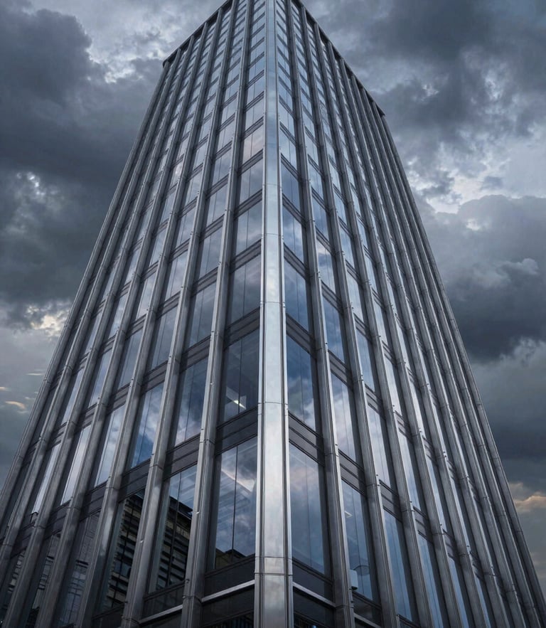 A low-angle dramatic shot of a high-rise facade reflecting a stormy twilight sky, cold metallic mullions, sharp architectural angles.