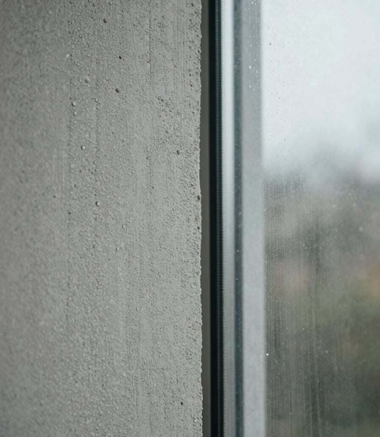 A macro detail shot of textured board-marked concrete meeting a seamless glass pane, soft diffused overcast light, water droplets clinging to the surface.