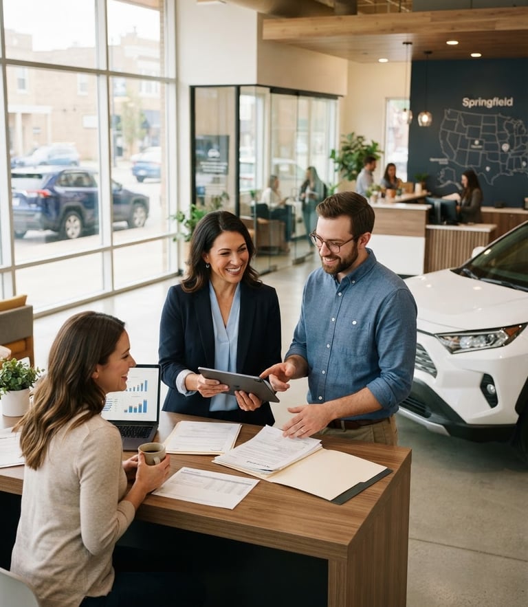 Approachable professional auto insurance agents in a bright, modern Springfield office setting, warm natural light, 35mm lens
