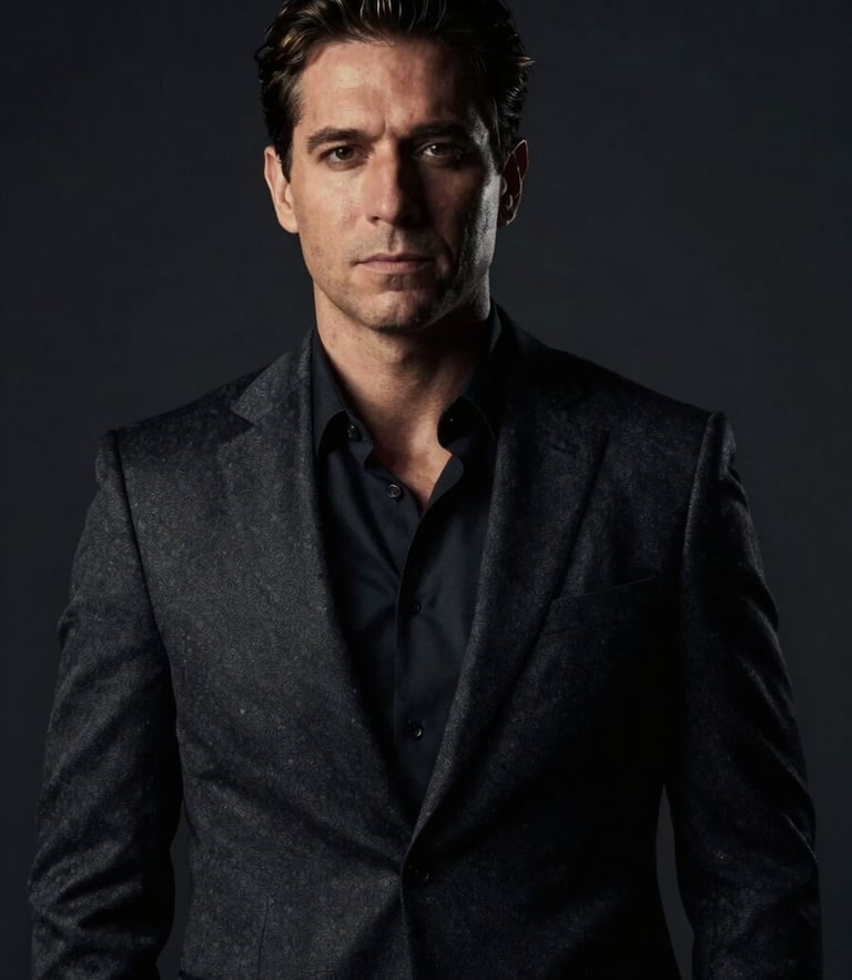 Authoritative portrait of Dr. Thiago Steffens in a dark tailored suit, low-key dramatic chiaroscuro lighting, deep graphite background, sharp focus, gold accent highlights.