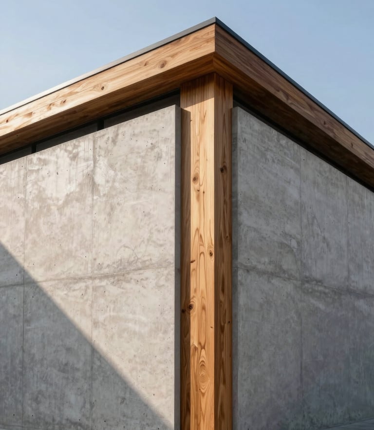 Architectural exterior detail of a modern concrete wall and clean timber joints under crisp afternoon sunlight, casting sharp shadows.