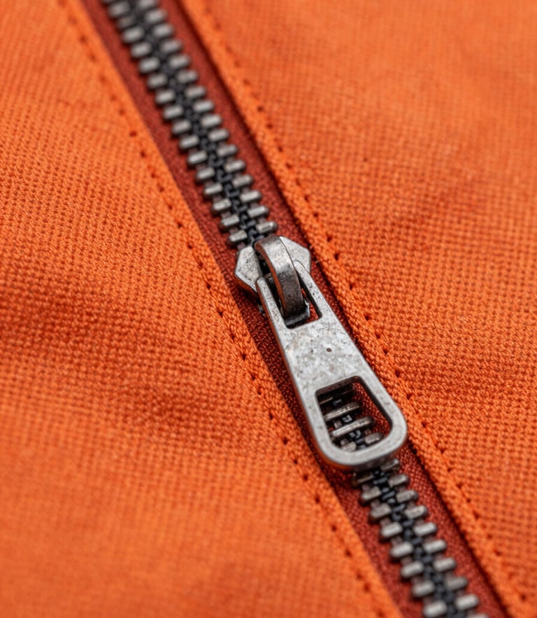 Close-up macro shot of double-stitched heavy-duty orange canvas fabric, focus on a rugged steel zipper and reinforced seam, industrial lighting.