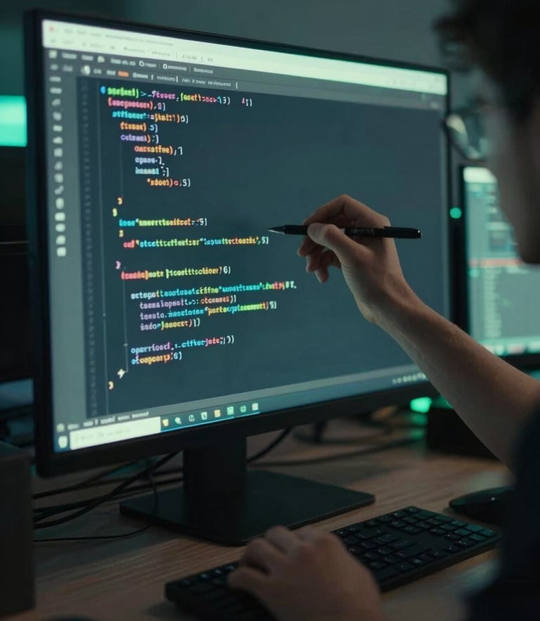 Low-key cinematic photo of a developer writing clean code on a vertical screen, sharp neon mint ambient light, high-contrast tech aesthetic, 35mm lens
