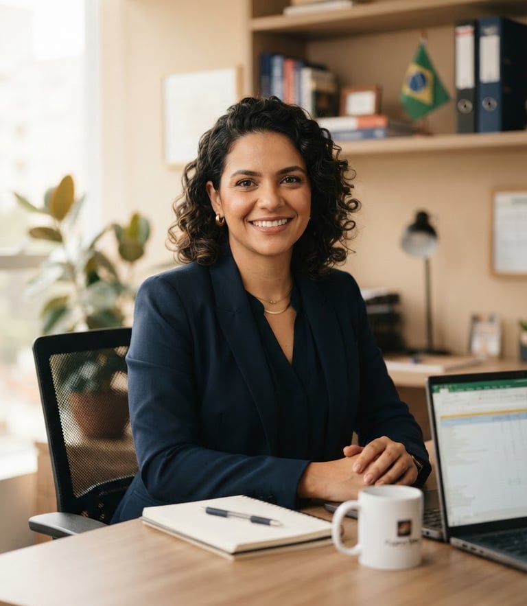 Portrait of a professional Brazilian female insurance broker in a warm sand-toned office, soft natural daylight, smiling reassuringly, medium shot, shallow depth of field