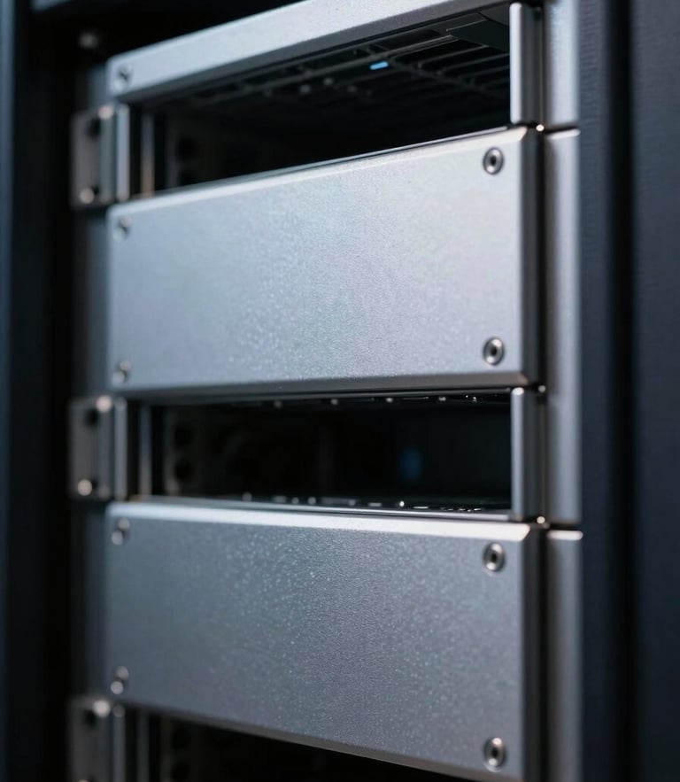 Extreme close-up of high-contrast server rack hardware, sharp silver metallic edges, deep slate shadows, cool low-key studio lighting, terminal interface reflecting on a metallic surface.