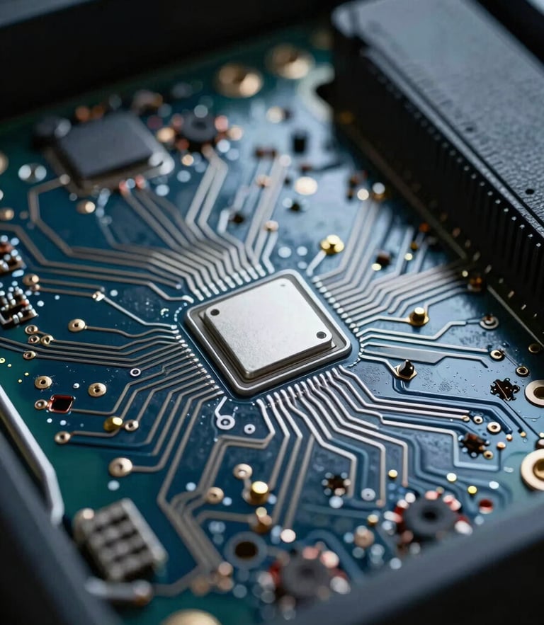 Extreme close-up of server hardware circuitry, sharp silver highlights, deep slate shadows, cool low-key studio lighting, macro perspective.