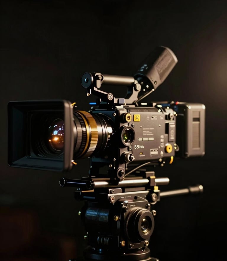 Cinematic film photography, dramatic low-key lighting, deep shadows with gold accents, anamorphic lens flare, 35mm, high-end cinema camera on a dark set