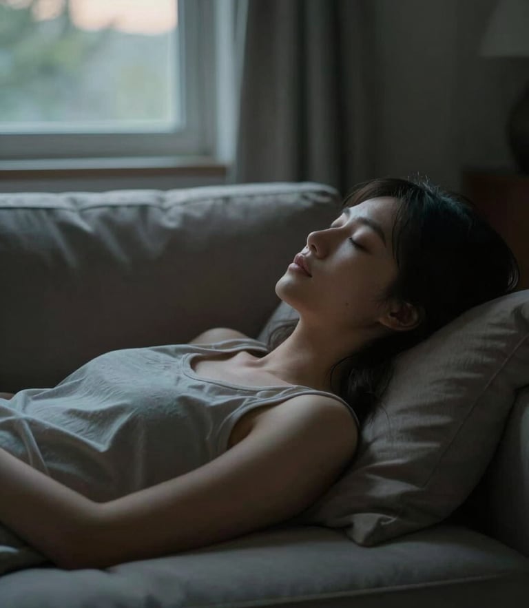 Intimate medium shot of a person resting on a comfortable sofa in a dimly lit room with soft twilight filtering through a window, eyes closed in deep, quiet relief, serene expression, highly diffused low-intensity lighting.