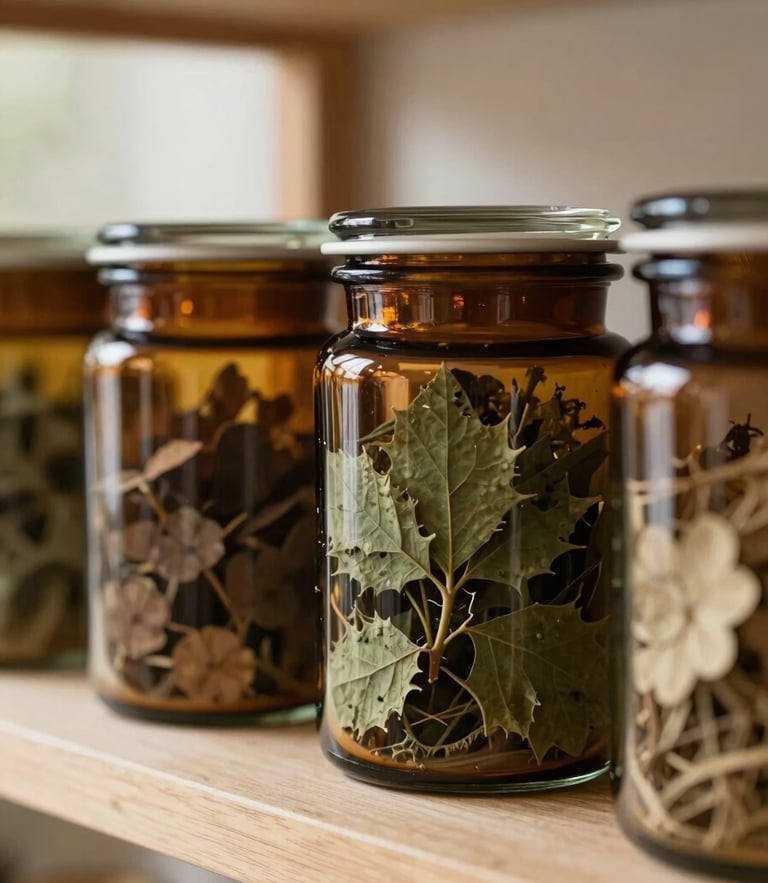 Close-up of elegant amber glass jars containing dried botanicals on a light-wood shelf, soft warm window light, 35mm editorial photography