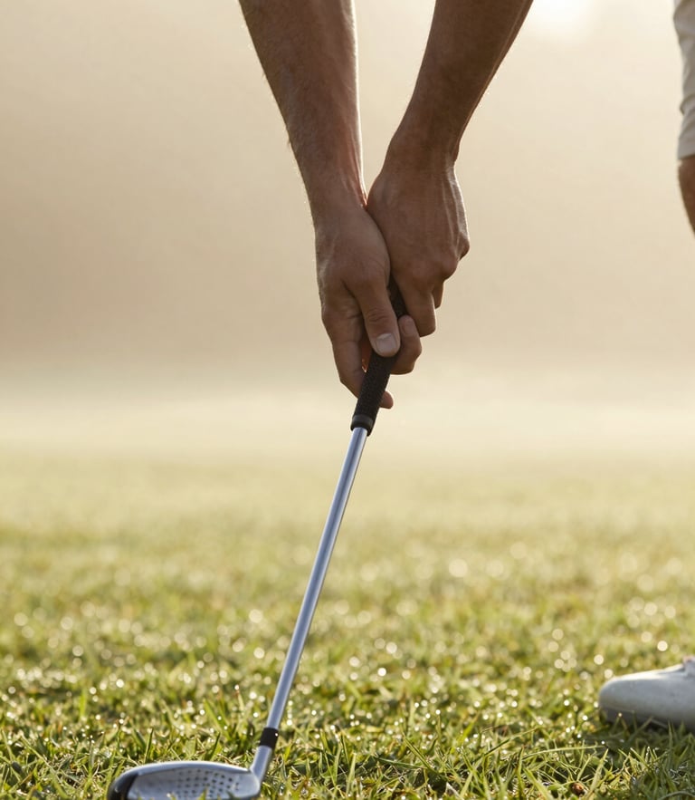 A close-up of a golfer's hands holding a club with relaxed grip tension, soft morning dew on the grass below, warm natural light, editorial 35mm.