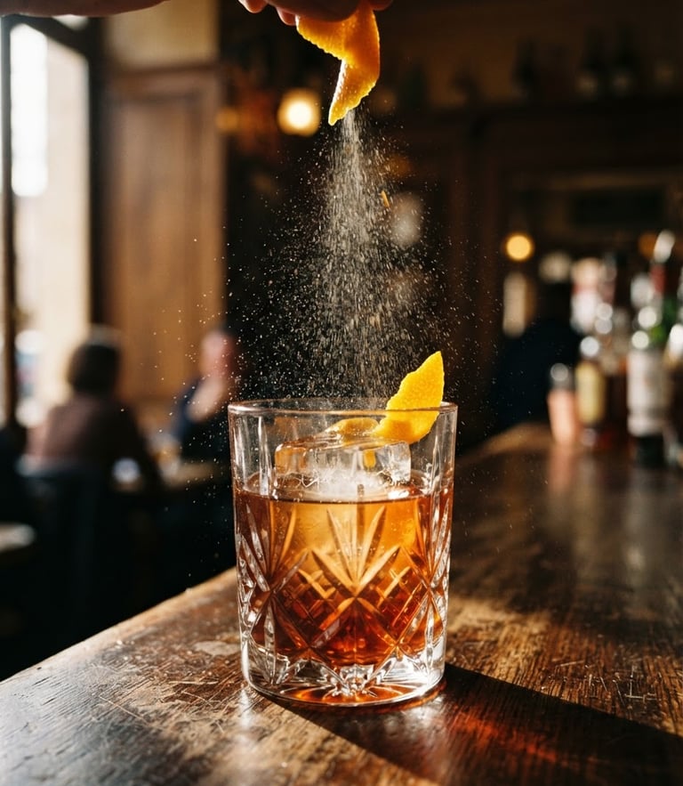 Close-up of a crystal cocktail glass with a single clear ice cube, orange zest expressing oils in a dramatic side-lit historic Lyon interior, 35mm film look.