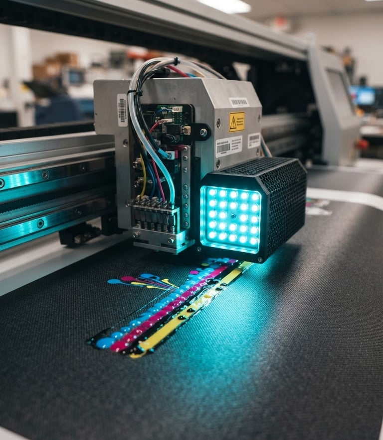 Macro photograph of UV curing lamp on a large format printer head, intense neon cyan light curing fresh ink on a textured substrate