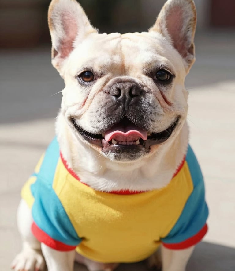 Bright warm photography, natural daylight, a happy French Bulldog wearing a colorful handmade shirt, looking at the camera, eye-level pet portrait, 35mm