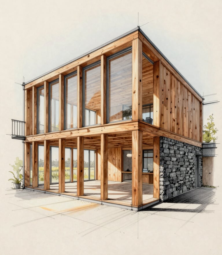 A hand-drawn architectural sketch of a modern timber-framed loft addition, showing light rays penetrating from high windows, crisp ink lines on warm paper.