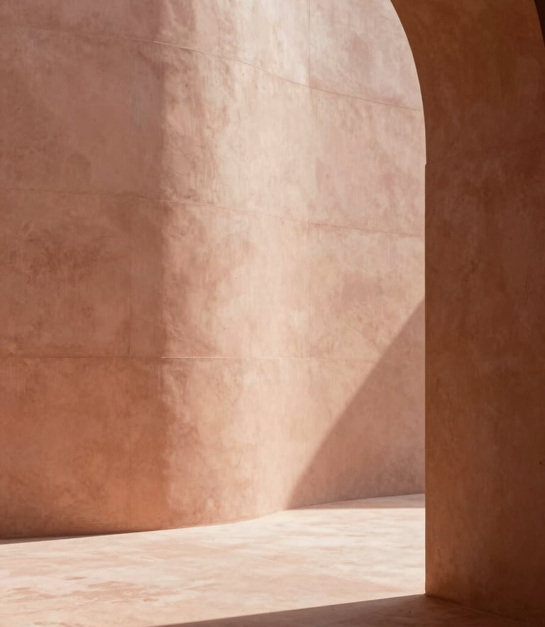 Minimalist architectural interior with a curved concrete wall, soft shadows, warm terracotta and pinkish beige tones, elegant natural light, 35mm