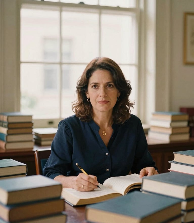 Dra. Aída Lizárraga en un estudio académico rodeada de libros de medicina, luz natural de ventana, tono editorial cálido, estilo cinematográfico de 35mm