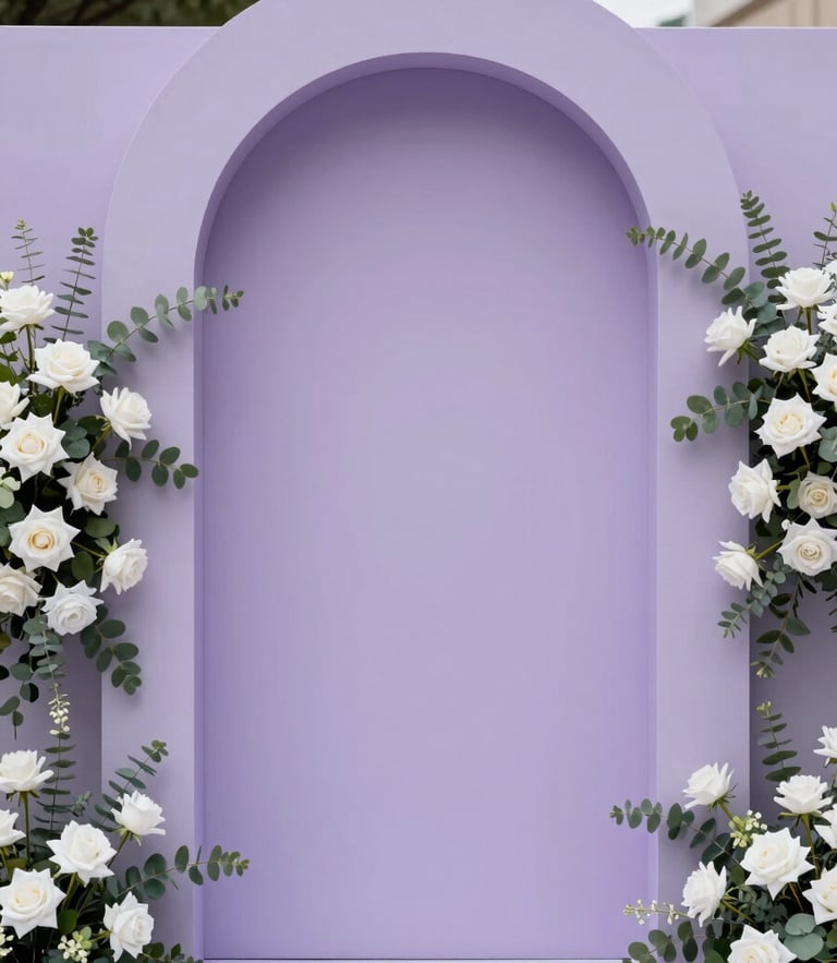 A portrait crop of a modern arched backdrop panel in soft lilac, flanked by architectural floral installations with white roses and eucalyptus, bright diffused natural daylight.