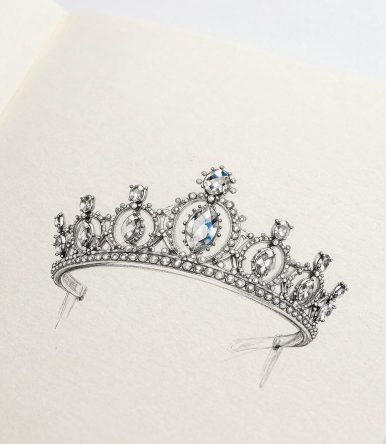 Crisp macro photograph of a hand-drawn high-jewelry tiara sketch with graphite and white gouache on textured archival cream paper, soft diffused daylight, minimalist white backdrop