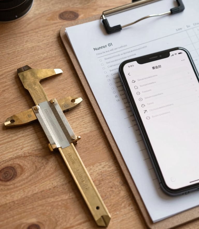 A top-down macro shot of a wooden workshop table with a brass caliper, a physical clipboard with a paper checklist, and a smartphone showing a simple checklist app. Warm natural morning light.