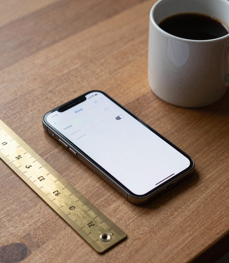 A clean, unpolished wooden desk with a brass ruler, a physical coffee mug, and a smartphone displaying a simple, structured app interface with toggle switches.