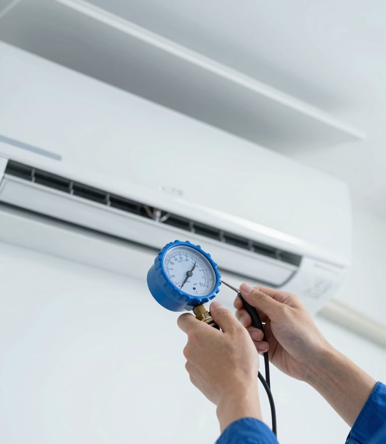 Close-up of a technician's hands using a digital pressure gauge on a pristine indoor air conditioning unit, bright daylight, cool blue and white tones