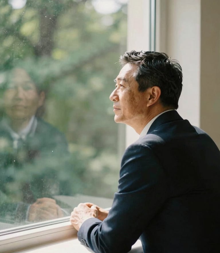 A mid-to-senior professional in a quiet moment of strategic reflection, looking out a large window, soft natural side-lit daylight, 35mm warm editorial photography.