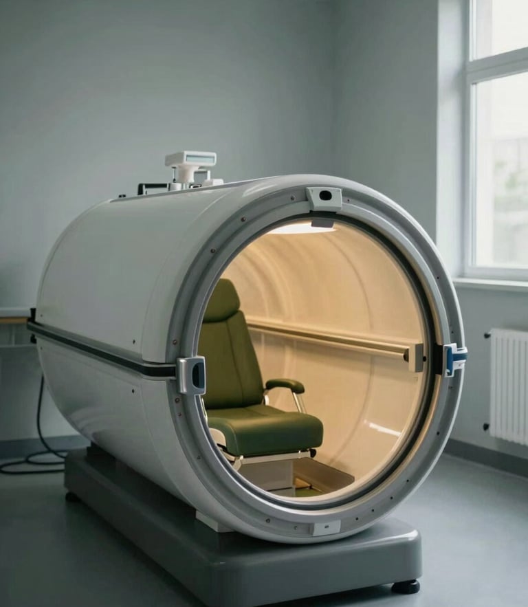 Moody editorial photography of a modern hyperbaric oxygen chamber in a clean, slate-gray clinic space, soft natural light, 35mm lens