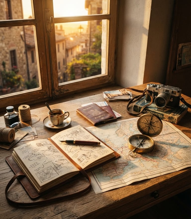 Elegant travel planner desk with maps, vintage compass, and golden hour sunlight streaming through a window, rich editorial travel style