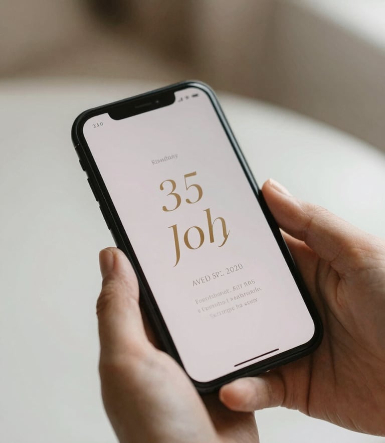 Elegant lifestyle photography, soft natural afternoon light, close-up of hands holding a smartphone displaying a minimalist wedding invitation with gold serif typography, 35mm