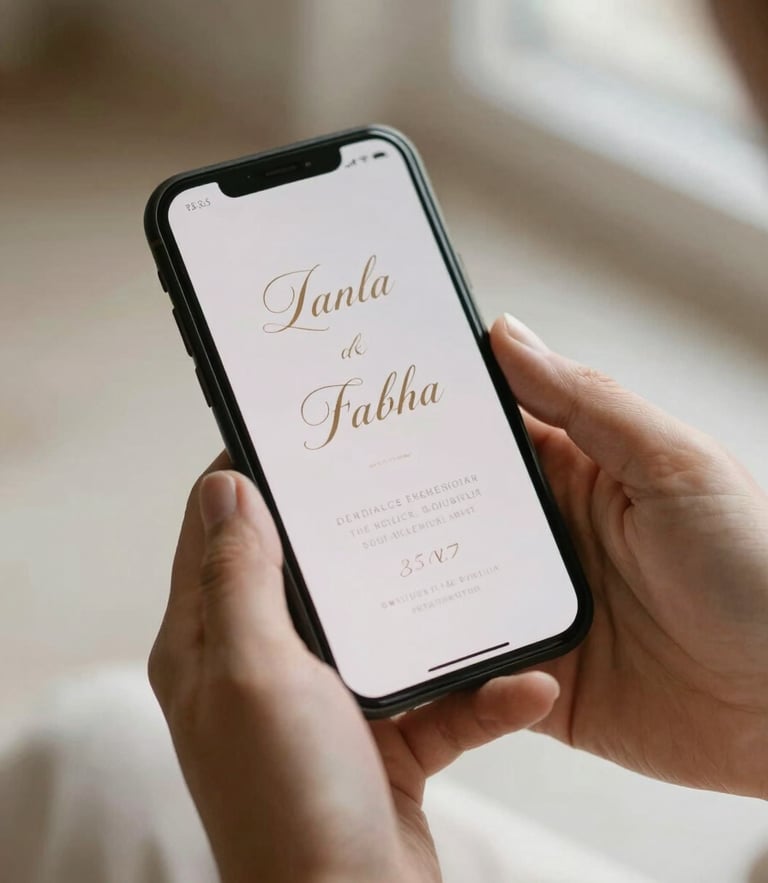 Elegant lifestyle photography, soft natural afternoon light, warm neutral tones, close-up of hands holding a smartphone displaying an elegant wedding invitation with gold serif typography, 35mm
