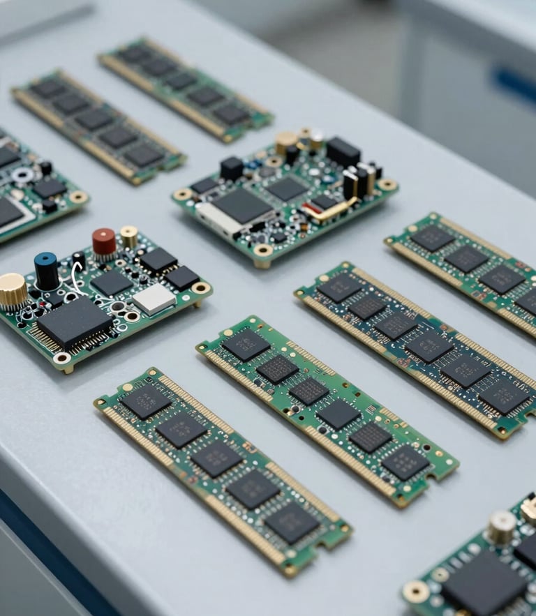Overhead technical layout of computer memory chips and industrial motherboard components on a sterile light-gray metallic workbench, clinical lighting, sharp focus