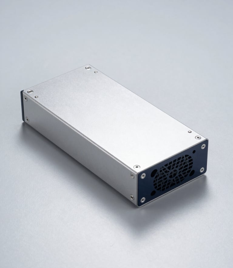 Sleek industrial fanless box PC on a solid clinical light-gray metallic background, high-precision studio lighting, sharp focus, 50mm