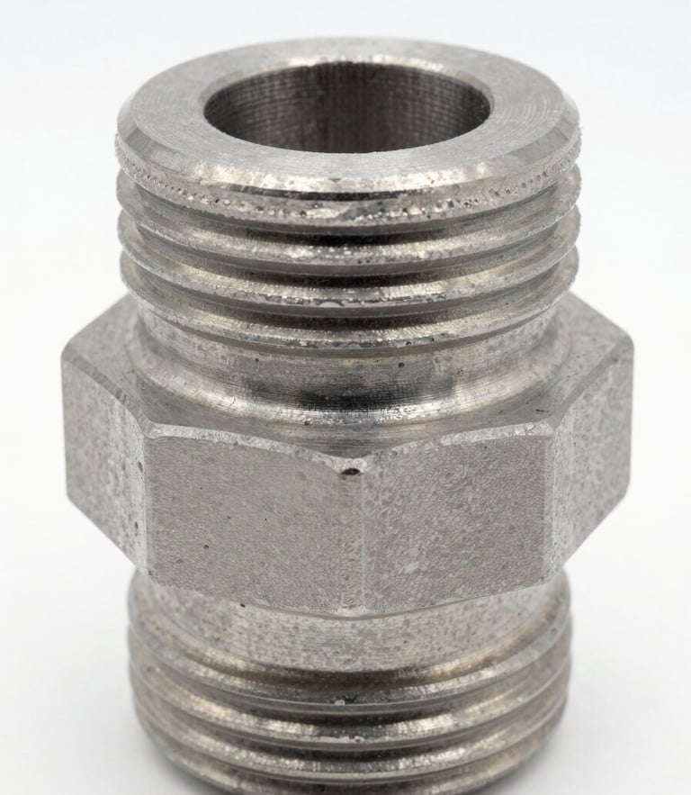 Close-up of machined steel wellhead component under bright clean industrial studio lighting, sharp focus, 50mm