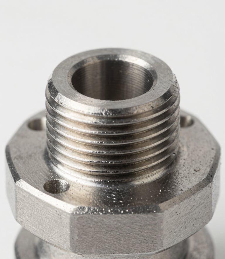 Macro close-up of a machined steel wellhead component under bright studio light, highlighting thread precision and metallic finish, clean industrial photography, 50mm
