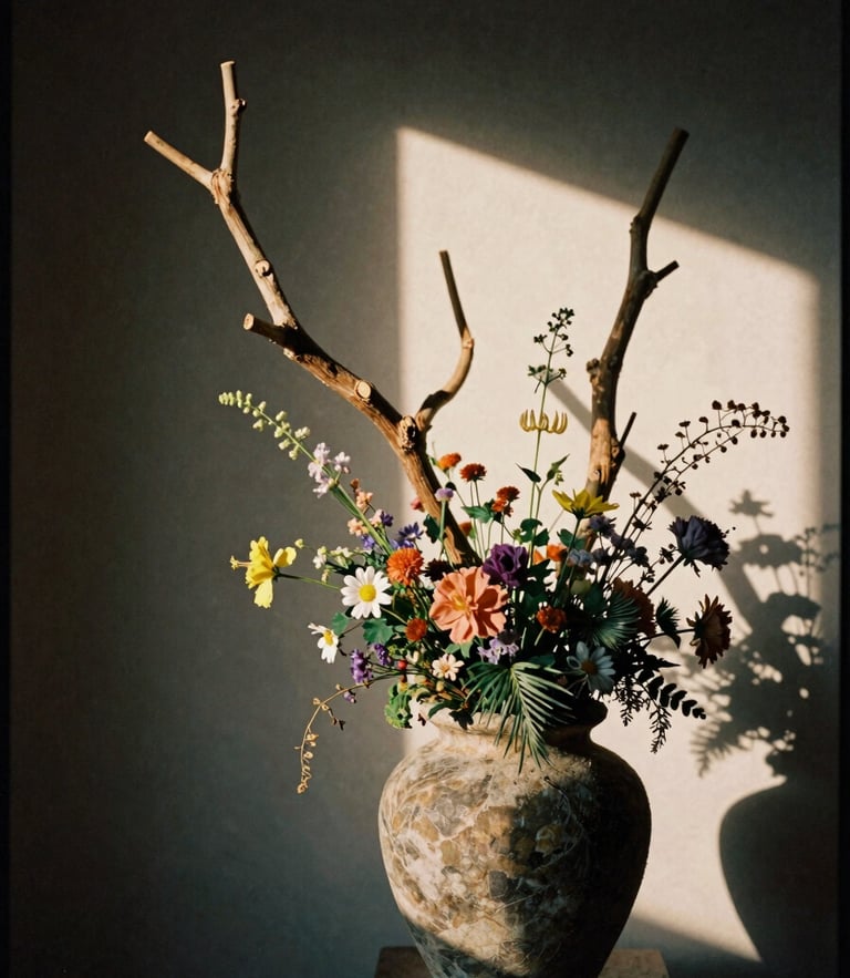 Moody medium-format film photograph of sculptural branches and wild mountain florals arranged in a weathered stone vessel, directional window light casting deep shadows.