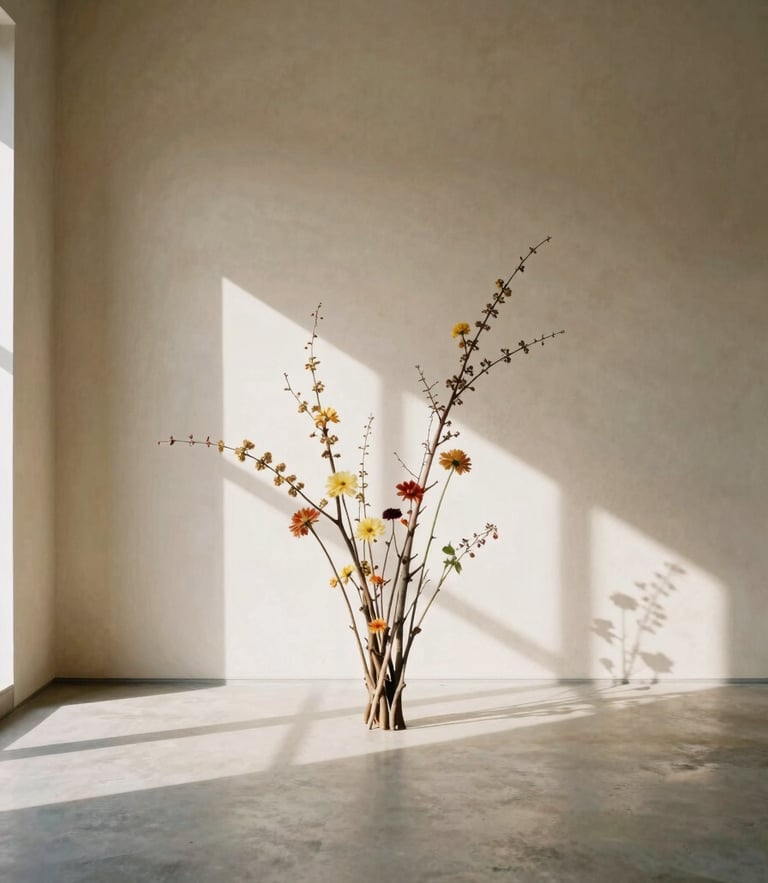 A minimalist composition of branches and seasonal blooms in an empty sunlit gallery space, elegant shadows on a soft clay wall