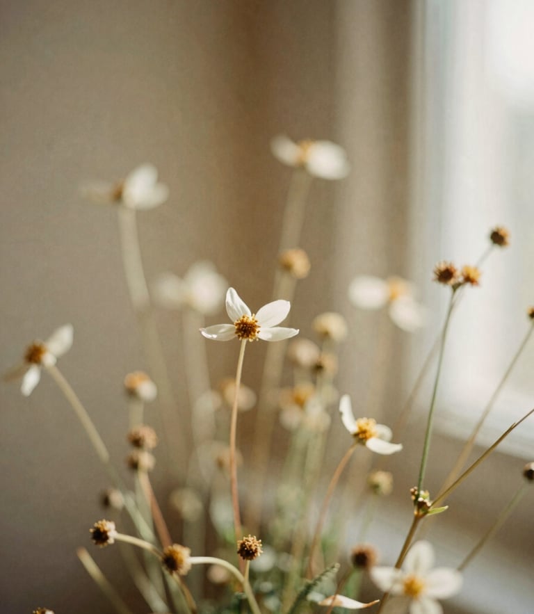 Detailed macro shot of wild botanical textures, delicate stems and soft petals, warm natural light with subtle organic shadows