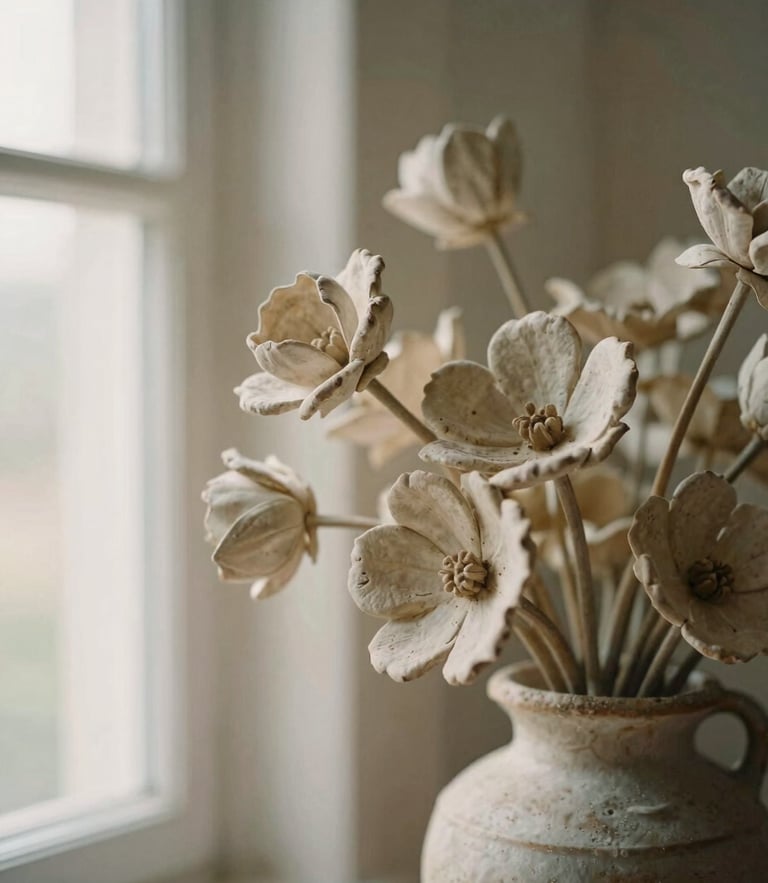 Close-up of a sculptural floral arrangement in a rough ceramic vase, soft warm afternoon window light, shallow depth of field, neutral linen background