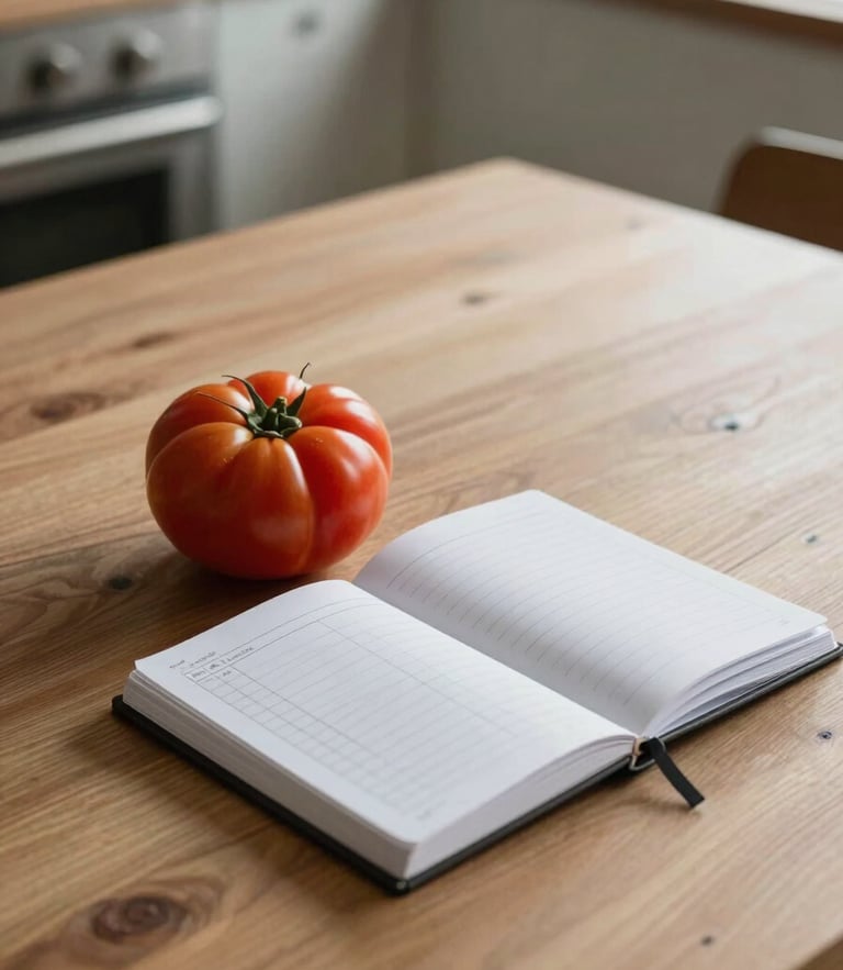 Soft diffused daylight on a minimalist wooden table, a notebook with editorial content planning grids next to a fresh raw heirloom tomato, rustic kitchen setting.