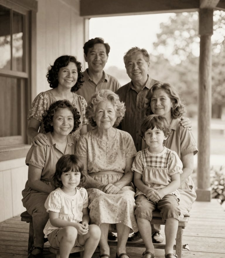 Warm archival photograph of a multi-generational family gathered on a wooden porch, soft natural window light, sepia tones, vintage film grain.