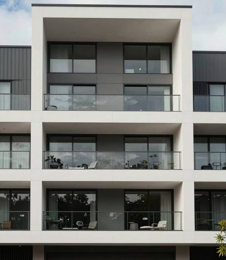 Straight-on architectural photo of a modern premium residential facade in O'Malley, clean lines, overcast Canberra daylight, soft shadows.
