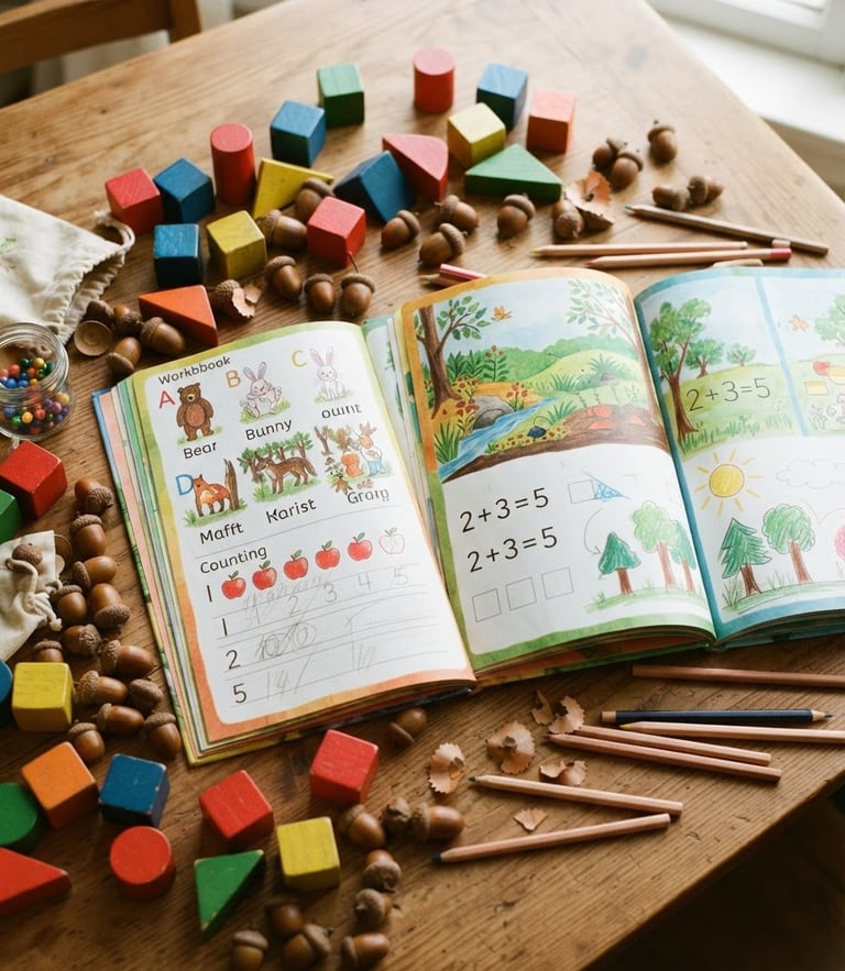Overhead flatlay of beautifully illustrated open children's workbooks, colorful wooden blocks, and acorns scattered on a warm wooden table in bright morning daylight.