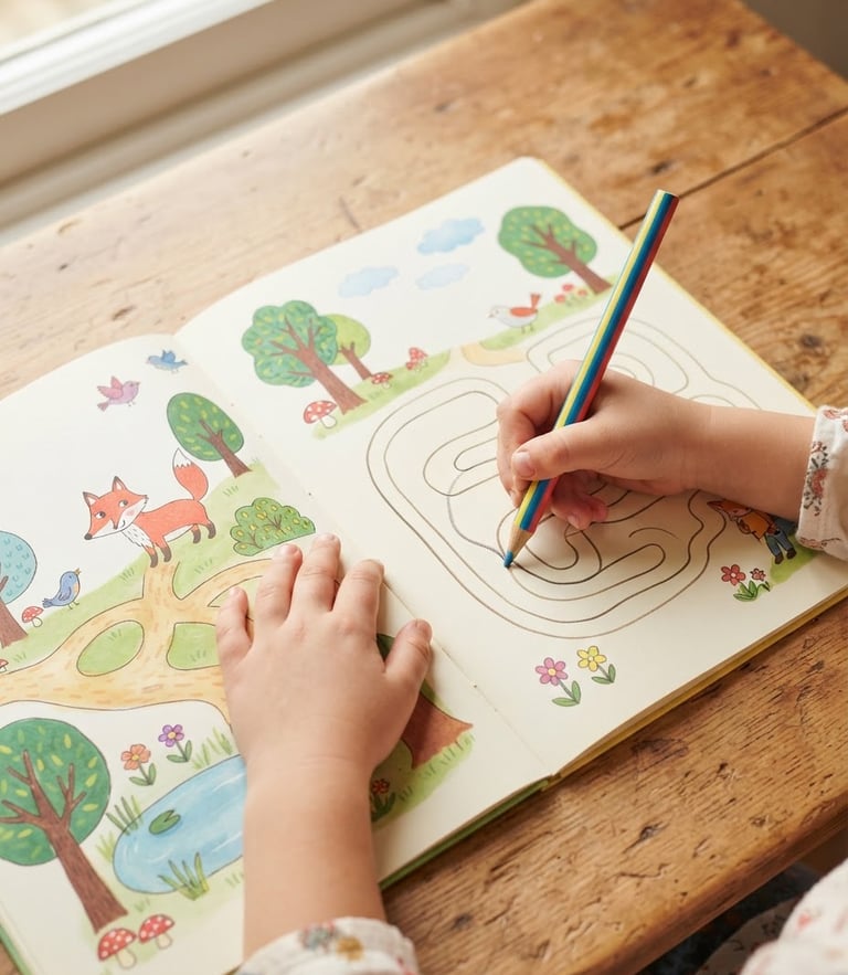 Overhead flatlay of an open illustrated children's workbook on a wooden table, hands of a child holding a thick pencil, warm natural window daylight, soft shadows