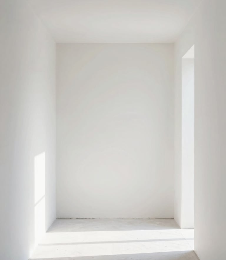 Symmetrical shot of a clean, bright room with freshly finished drywall and perfectly smooth white walls, natural daylight, 35mm architectural lens