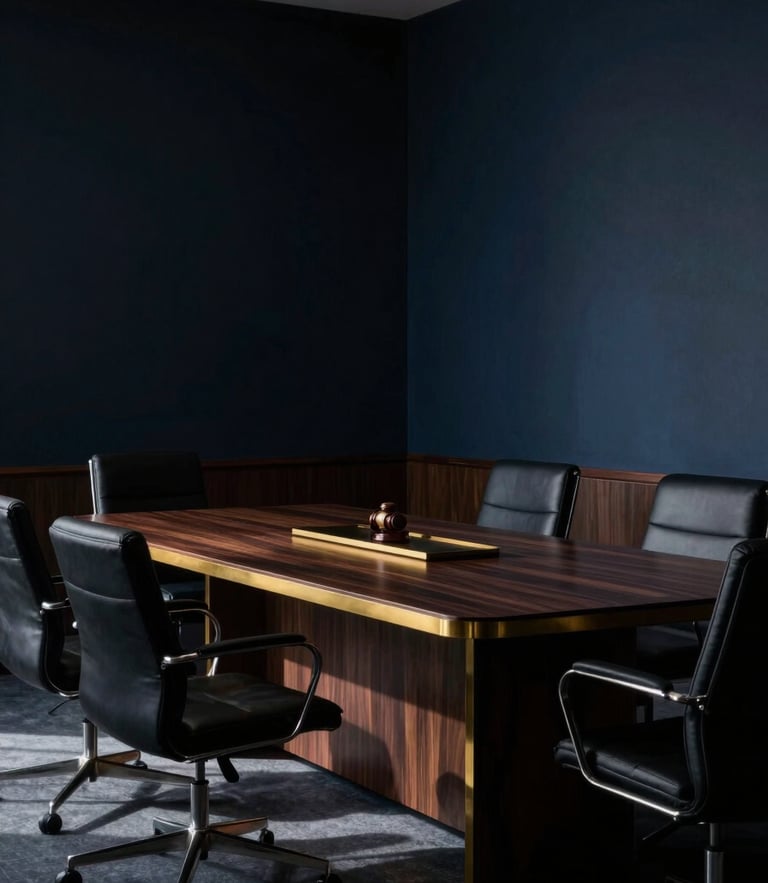 Dramatic editorial photography of a high-end law office boardroom in Guanajuato, low-key directional lighting, deep shadows, gold accents on dark wood.