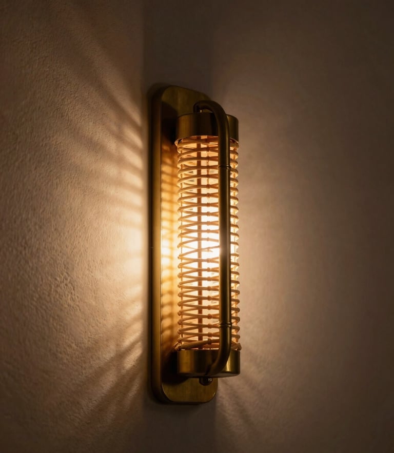 Moody editorial photograph of a curved tube wall light fixture mounted on a warm plaster wall. Low-key side lighting casts dramatic woven shadow play across the surface. Close-up detail showing the honest intersection of unlacquered brass and hand-woven rattan, 50mm lens, shallow depth of field.