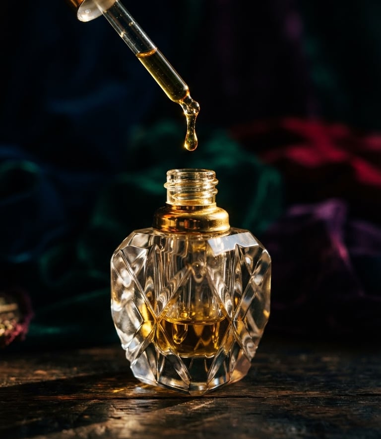 Dramatic chiaroscuro macro photograph of a heavy hand-cut crystal bottle of attar, thick golden oil dripping from a glass pipette, warm side-lighting, deep shadows, rich jewel-toned background.